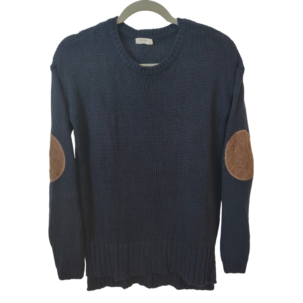 Harper Heritage Womens Sweater Size Small Navy Blue Crewneck Suede Elbow Patches